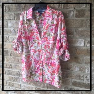 KAREN SCOTT ABSTRACT TROPICAL TUNIC ROLLUP SLEEVES